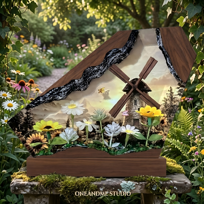 Sunflower Windmill Butterfly Cottagecore Wood Resin Lamp
