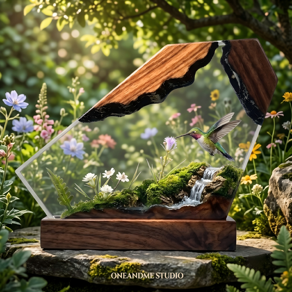 Hummingbird & Wildflower Wood Resin Lamp