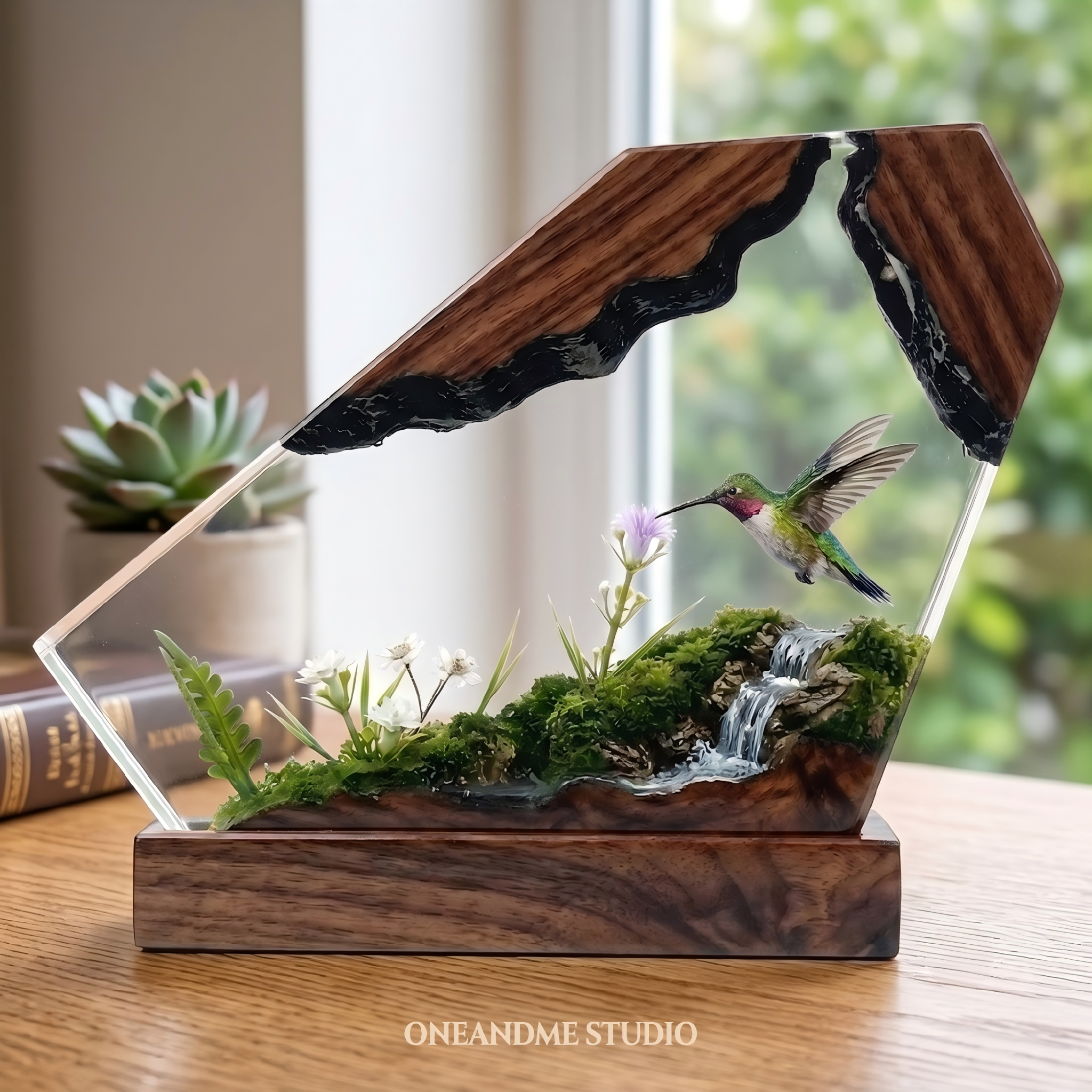 Hummingbird & Wildflower Wood Resin Lamp