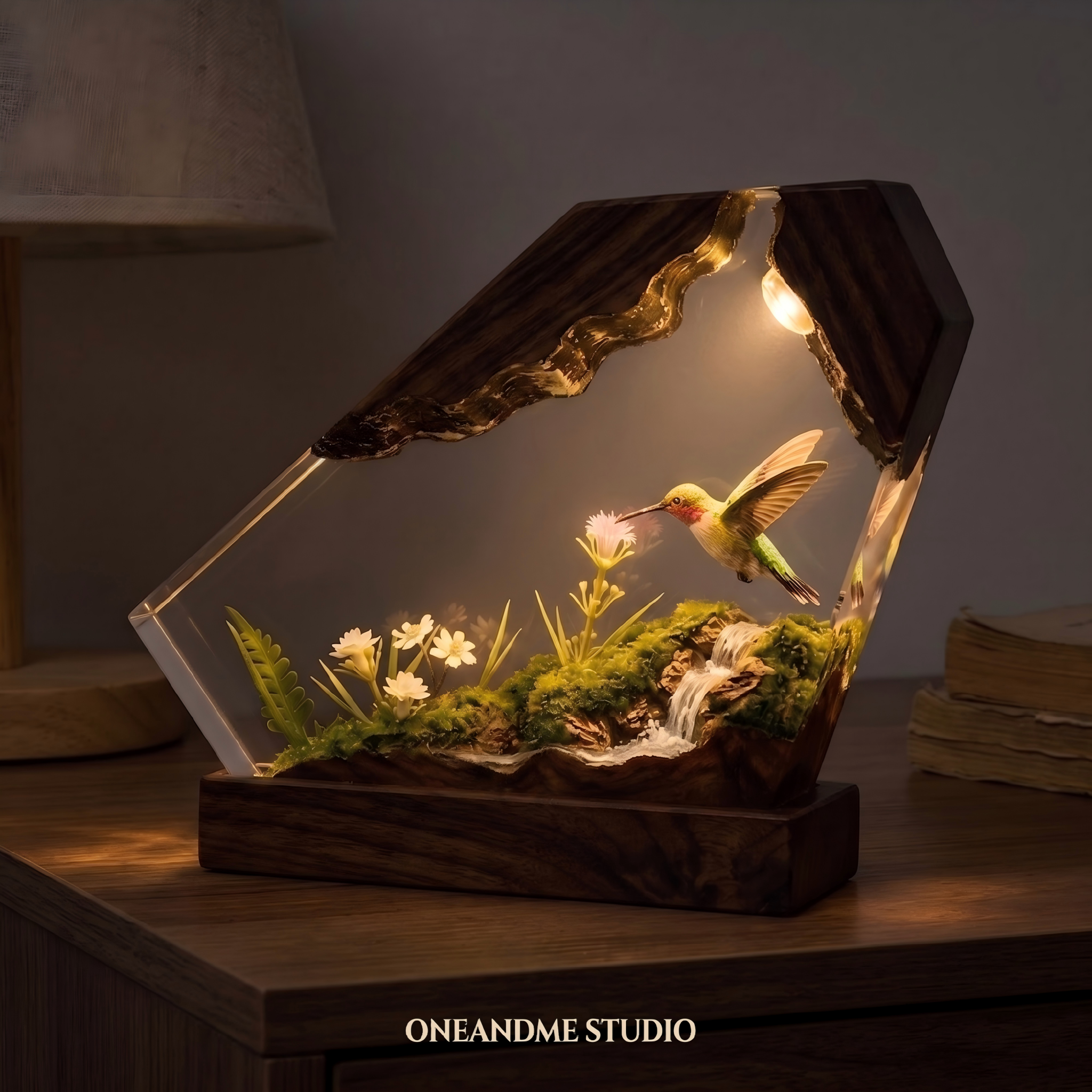 Hummingbird & Wildflower Wood Resin Lamp