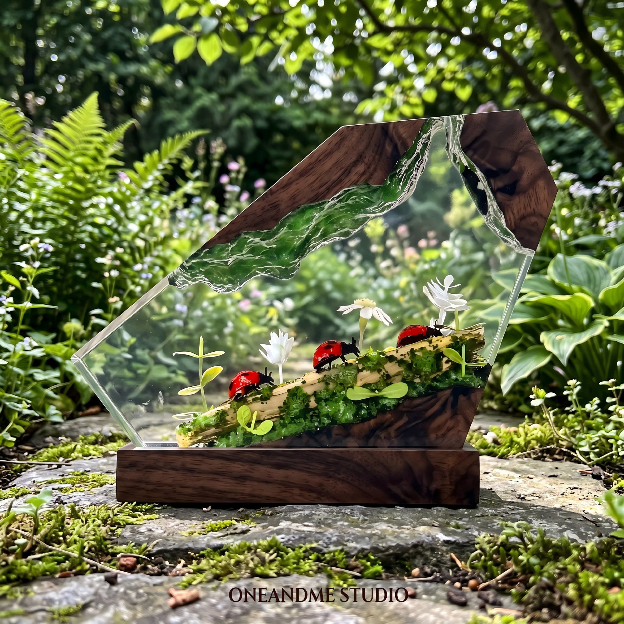 Ladybug Forest Mossy Log Wood Resin Lamp