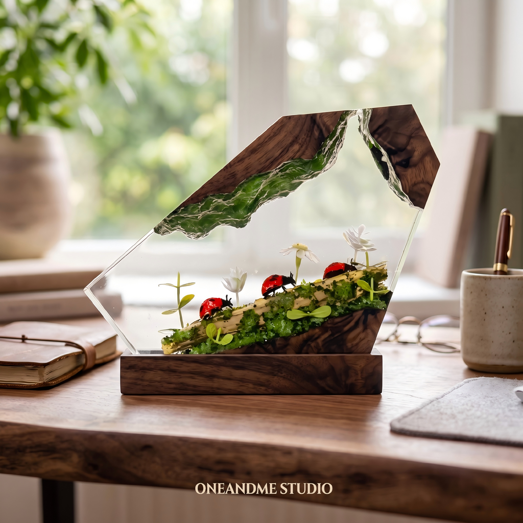 Ladybug Forest Mossy Log Wood Resin Lamp