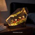 Ladybug Forest Mossy Log Wood Resin Lamp